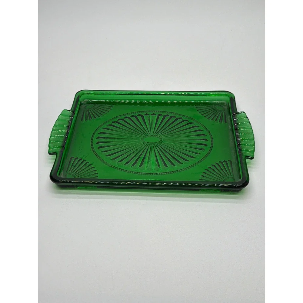 Vintage Emerald Green Depression Glass Sunburst Fan Tray Art Deco Tab Handles